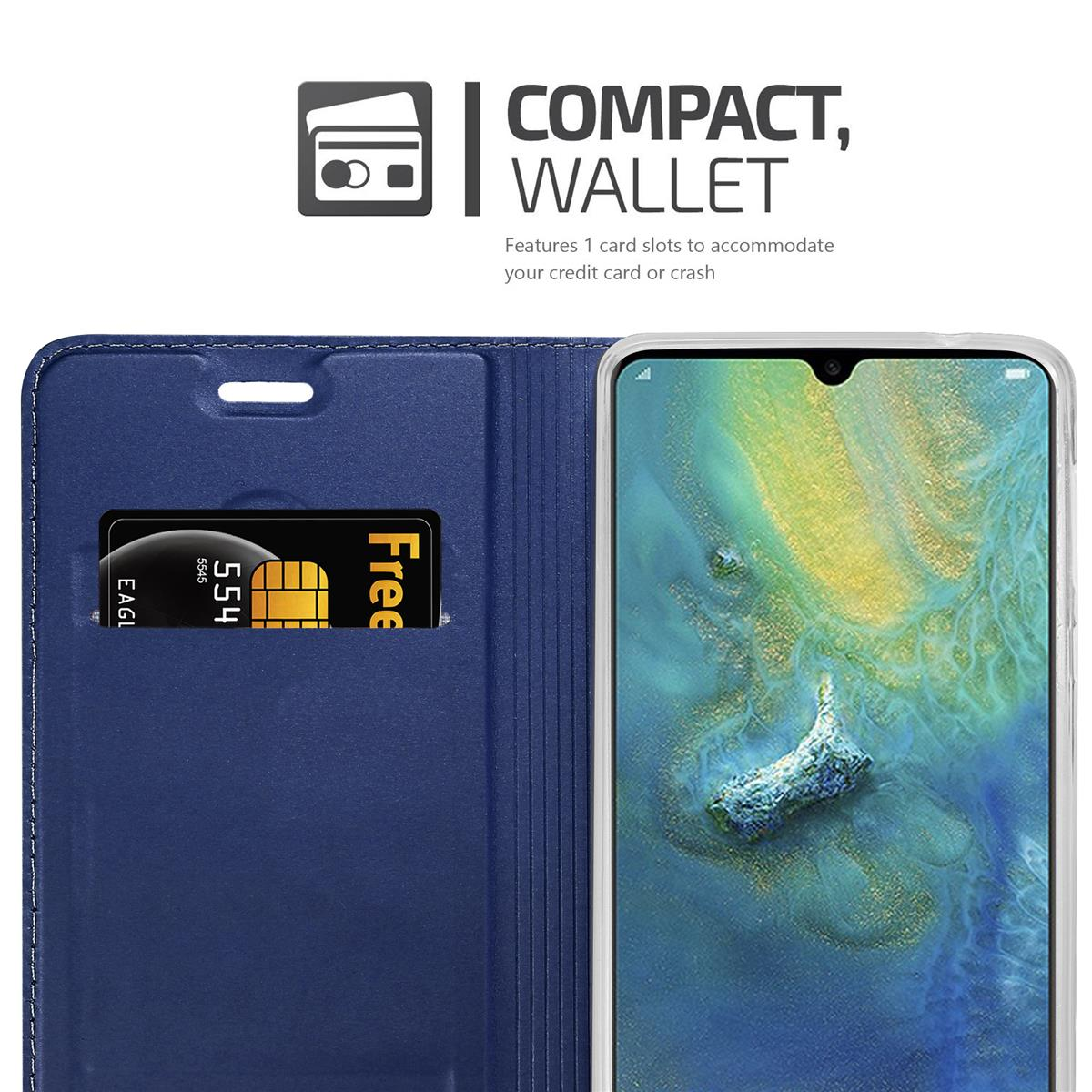 Blaue Handyhülle mit Telefon, Kreditkarte und Text über Kartenfächer.