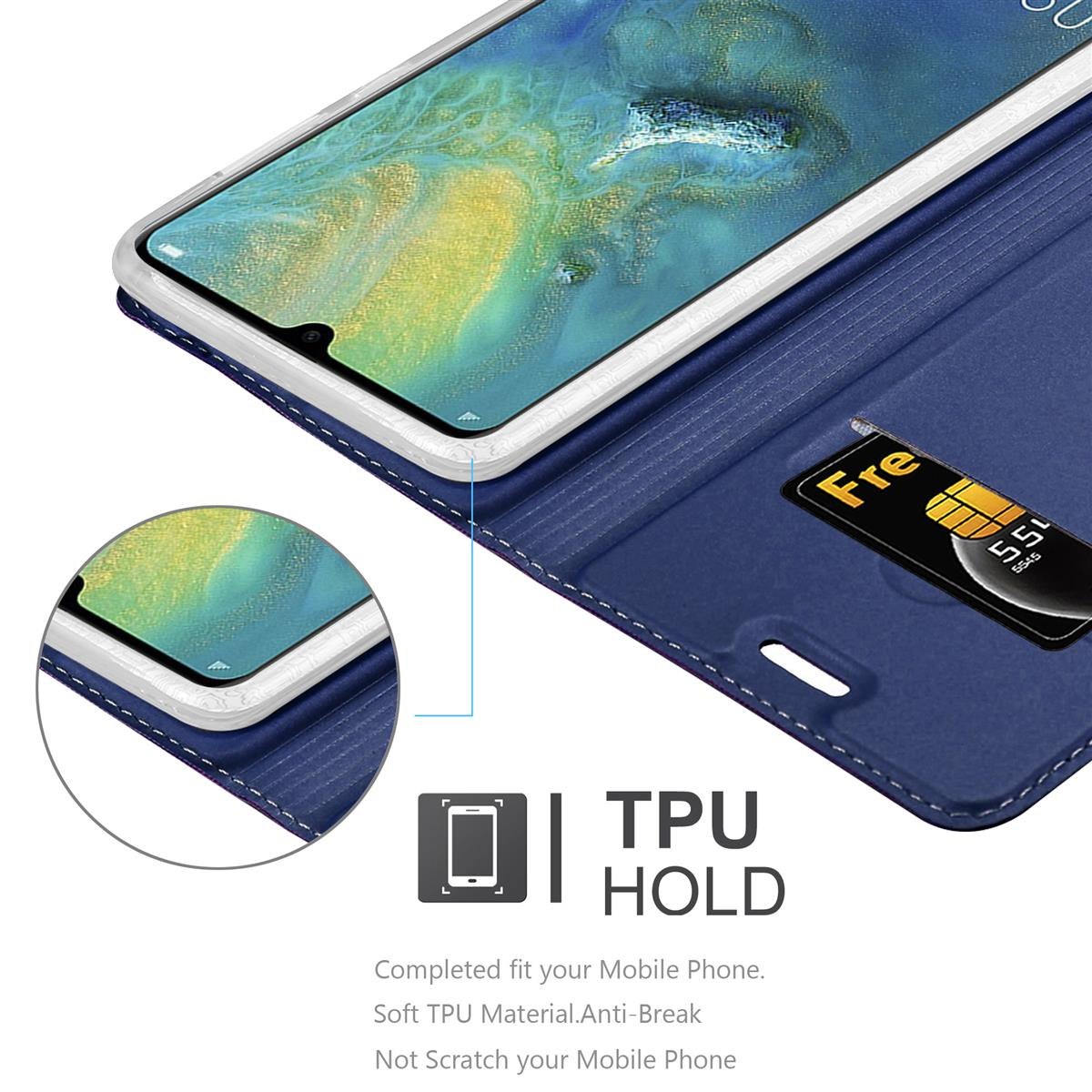 Ein Telefon in einer blauen Hülle. Die Hülle ist geöffnet und zeigt das Telefon mit einem Kartenfach.