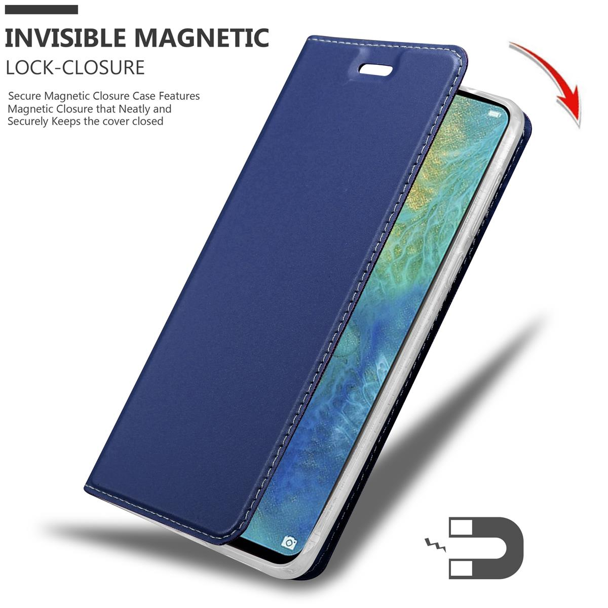 Blaue Handyhülle mit Magnetverschluss. Die Hülle ist geöffnet und zeigt das Telefon. Pfeil zeigt darauf.