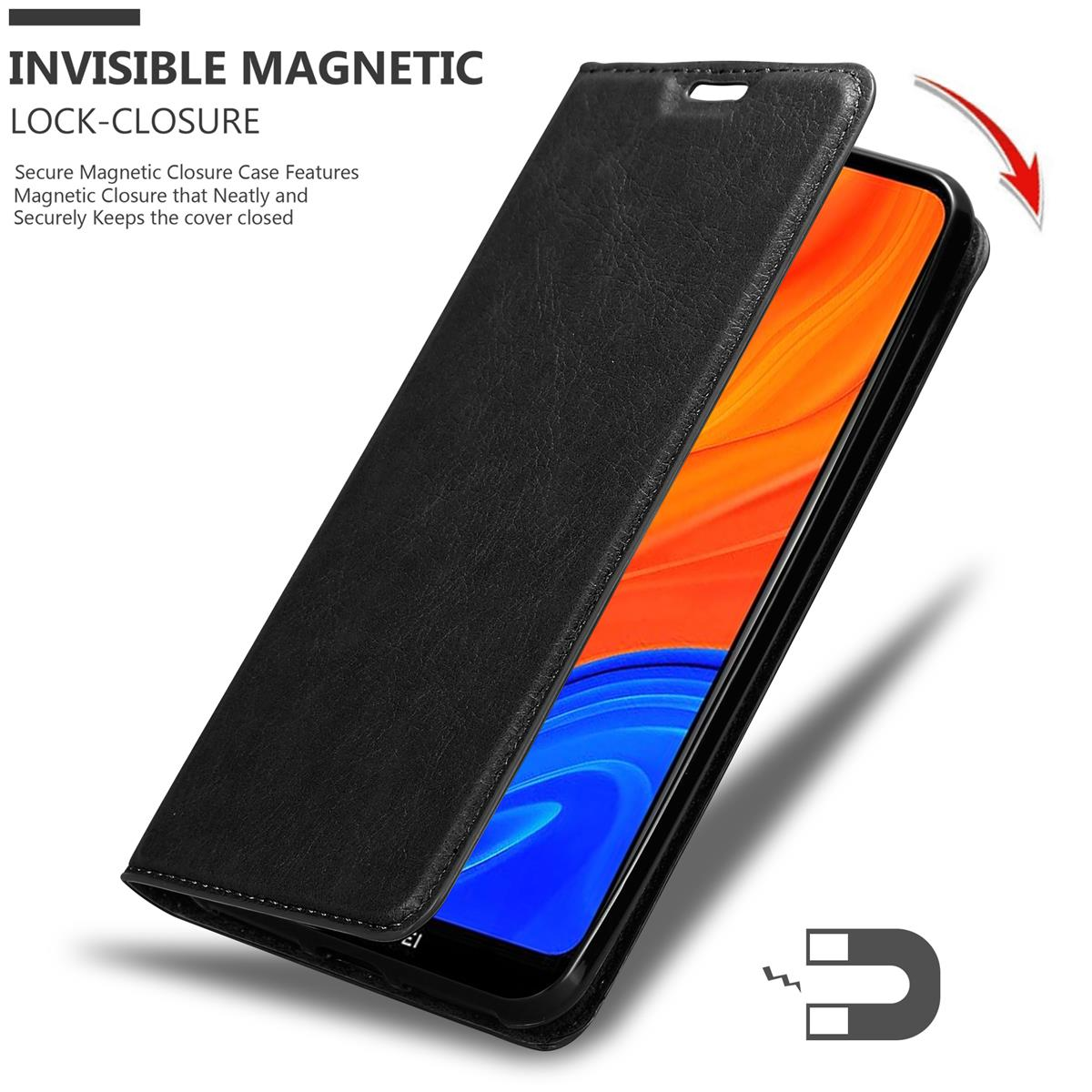Schwarze Handyhülle mit geöffnetem Handy. Text und Grafiken auf der Hülle.
