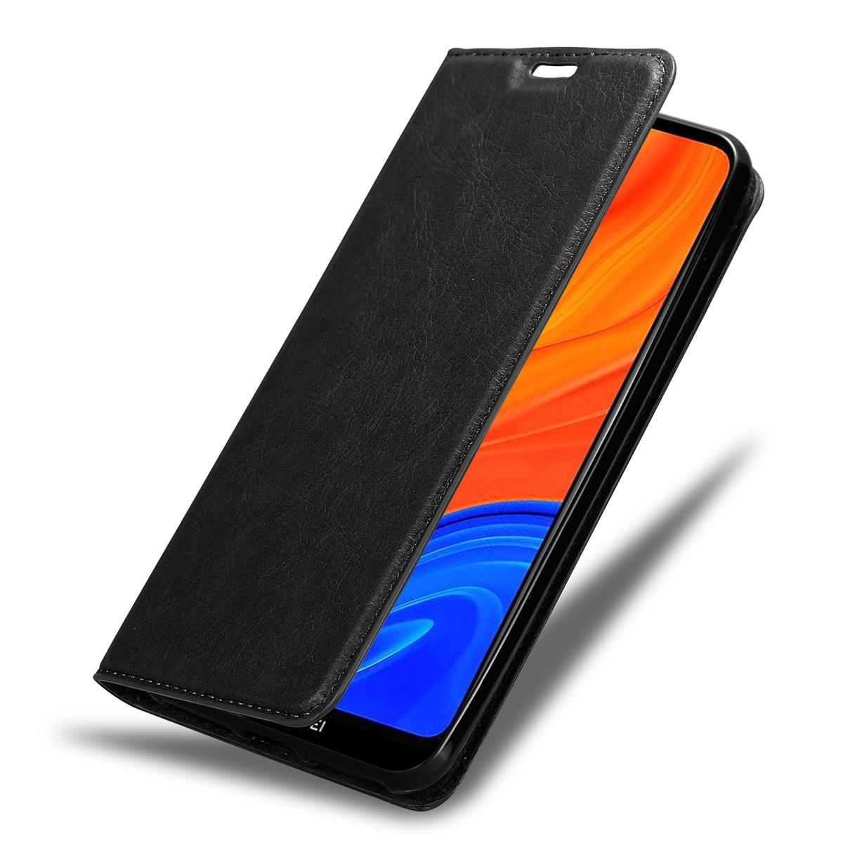 Schwarze Handyhülle mit geöffneter Abdeckung, die einen Telefonbildschirm zeigt, Lederstruktur.