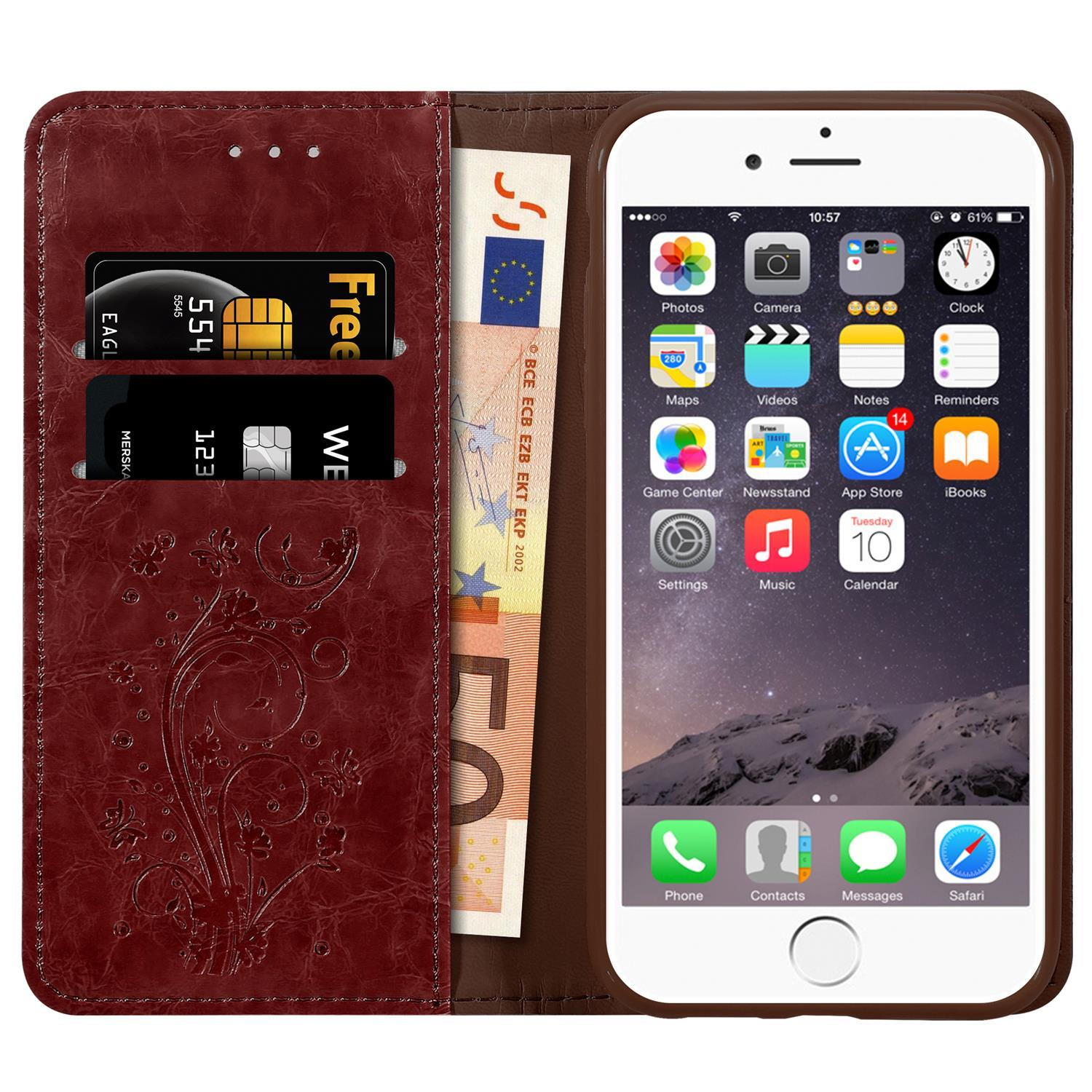 Eine rote Handyhülle geöffnet mit einem Telefon, Geld und Karten im Portemonnaiebereich.
