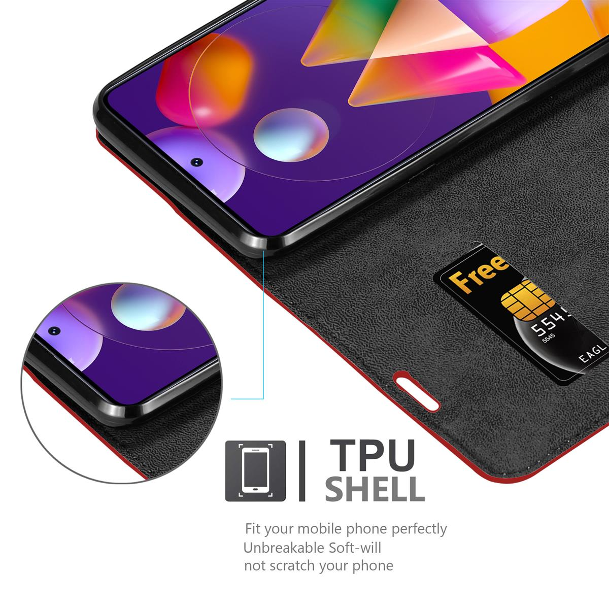 Schwarze Handyhülle mit roter Innenseite, mit Telefon und Kreditkarte.