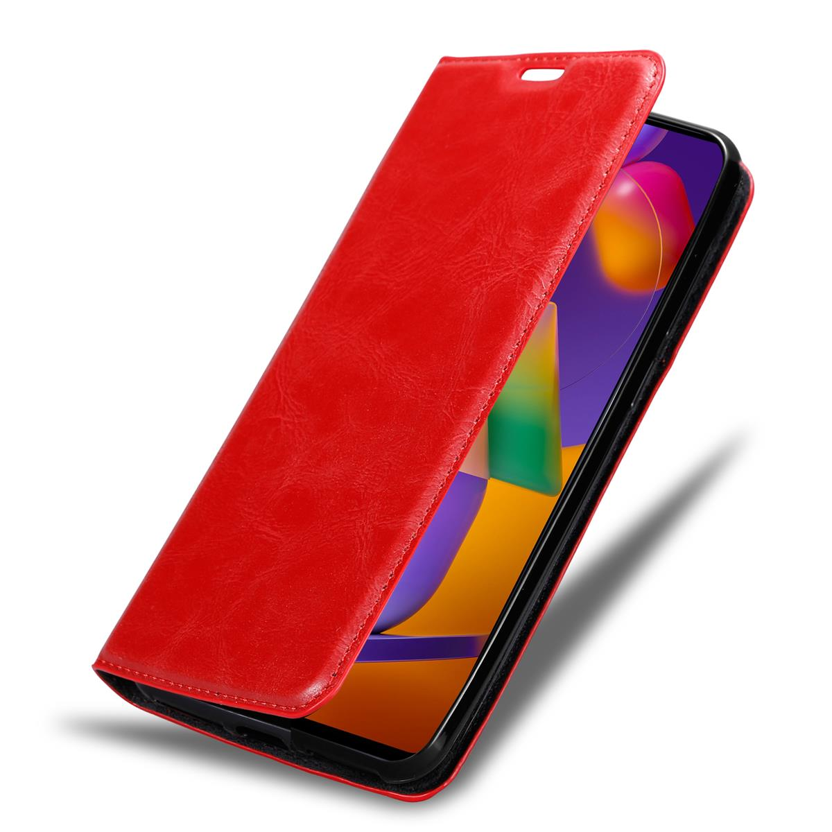 Eine rote Handyhülle, das Telefon ist offen und zeigt den Bildschirm.
