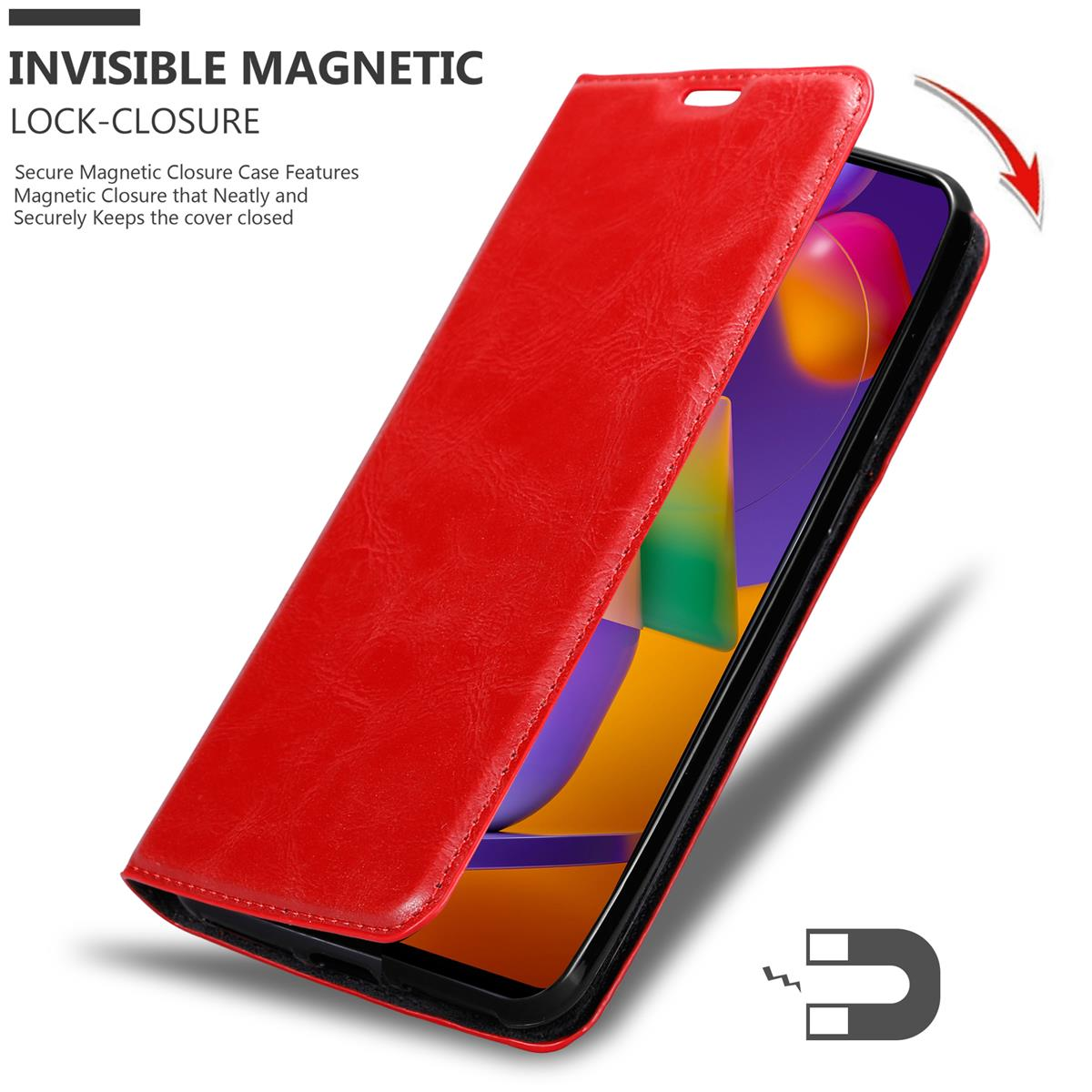 Book CADORABO Invisible APFEL Bookcover, Hülle ROT M31s, Samsung, Magnet, Galaxy