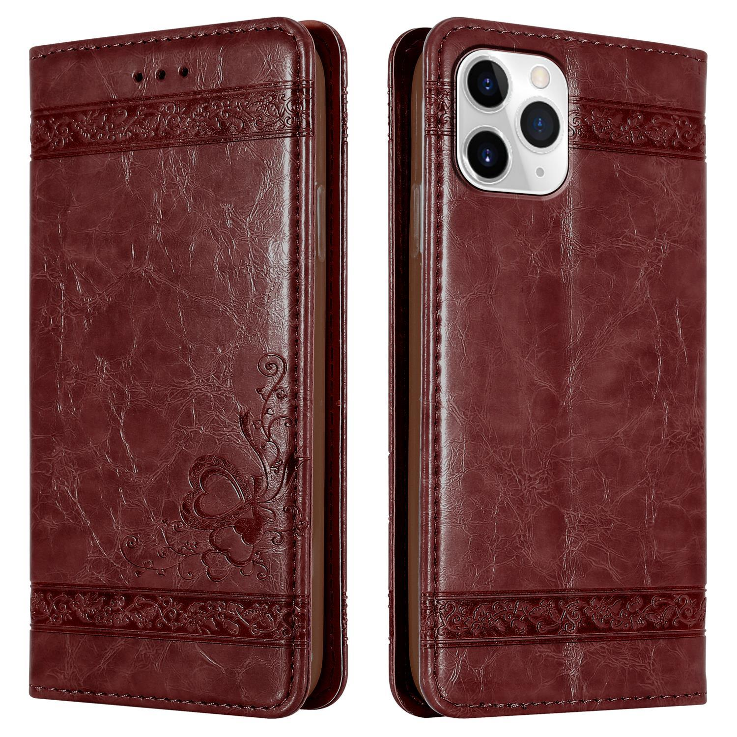 Geöffnete Leder-Handyhülle mit Telefon. Gehäuse mit floralen Details.