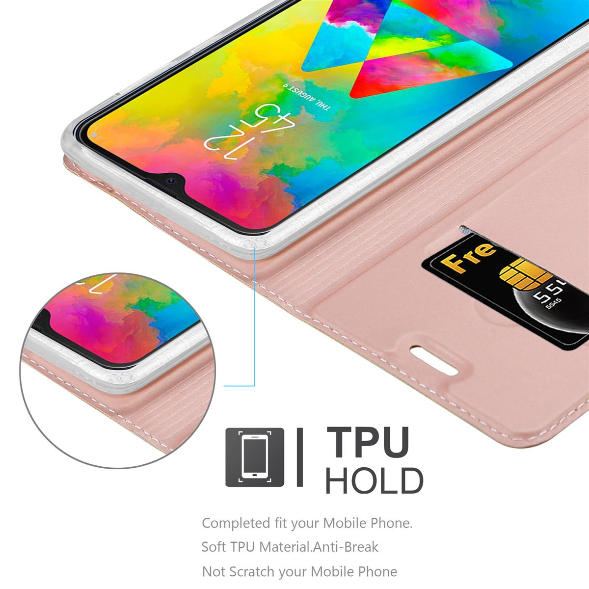 Ein Telefon in einer rosa Hülle, geöffnet, um den Bildschirm und einen Kartensteckplatz freizugeben, mit Text unten.