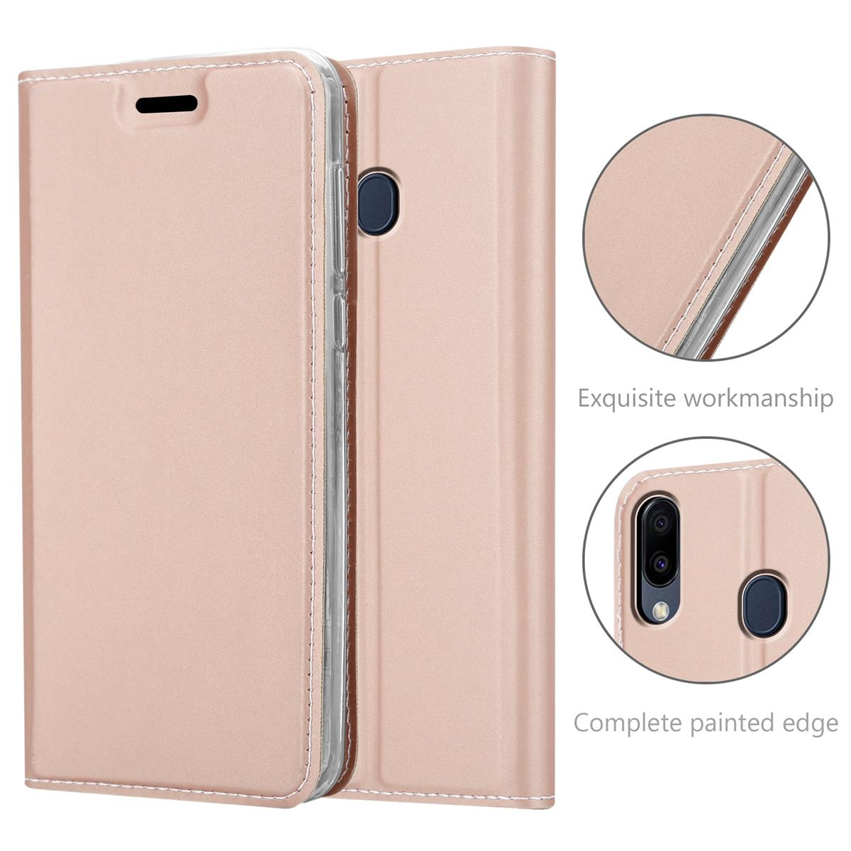 Roségold-Handyhülle mit weißen Nähten. Details zeigen die Verarbeitung.