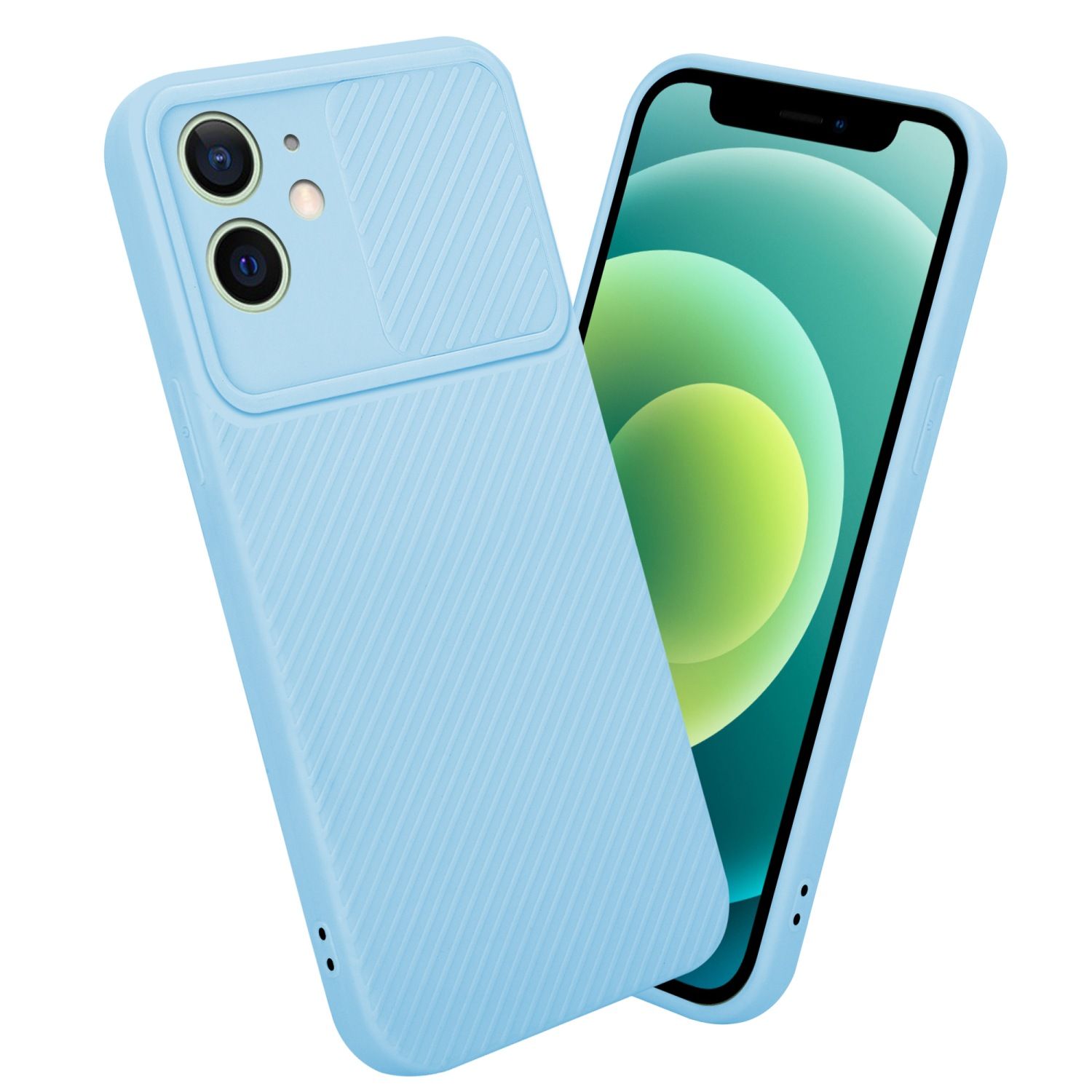 Blaue Handyhülle mit verschiebbarer Kameraabdeckung, auf weißem Hintergrund. Zeigt ein Telefon mit grünem Bildschirm.