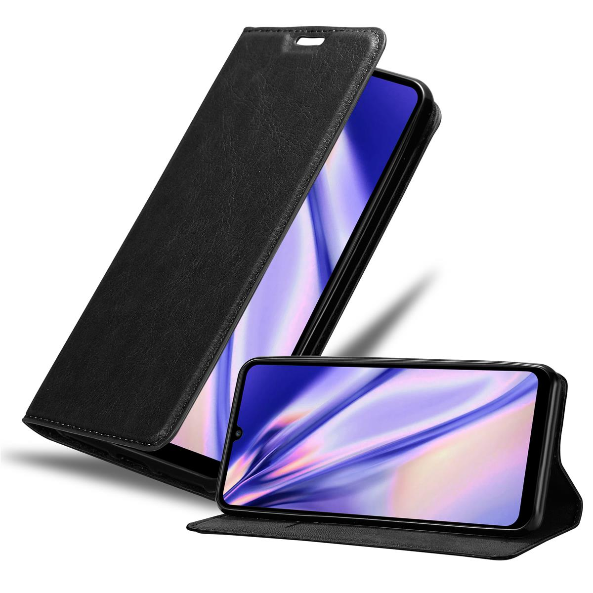 Schwarze Handyhülle, geöffnet und gefaltet, zeigt Telefon mit blauem und lila Bildschirm.