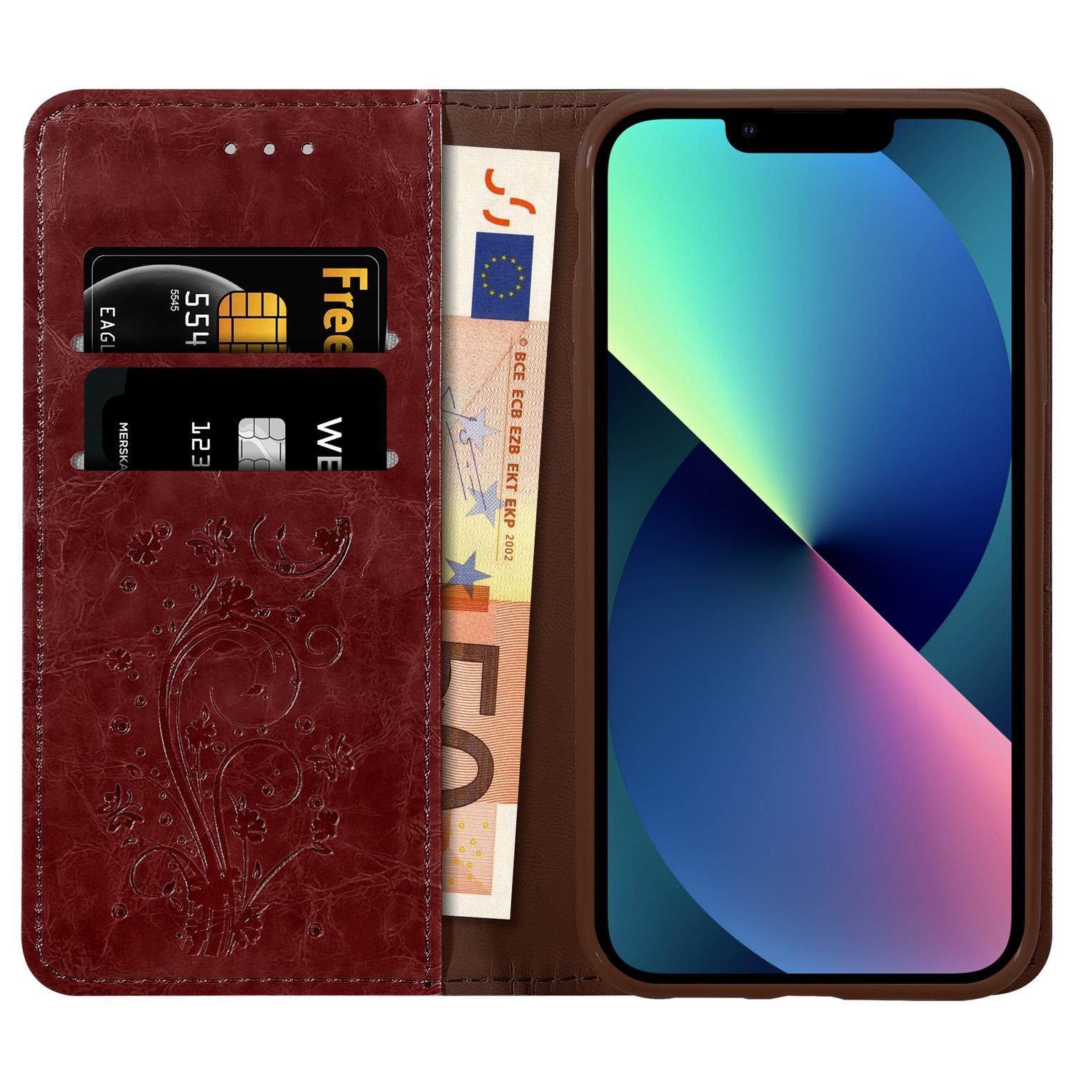 Geöffnete braune Handyhülle mit Karten, Bargeld und einem Telefon mit farbenfrohem Bildschirm.