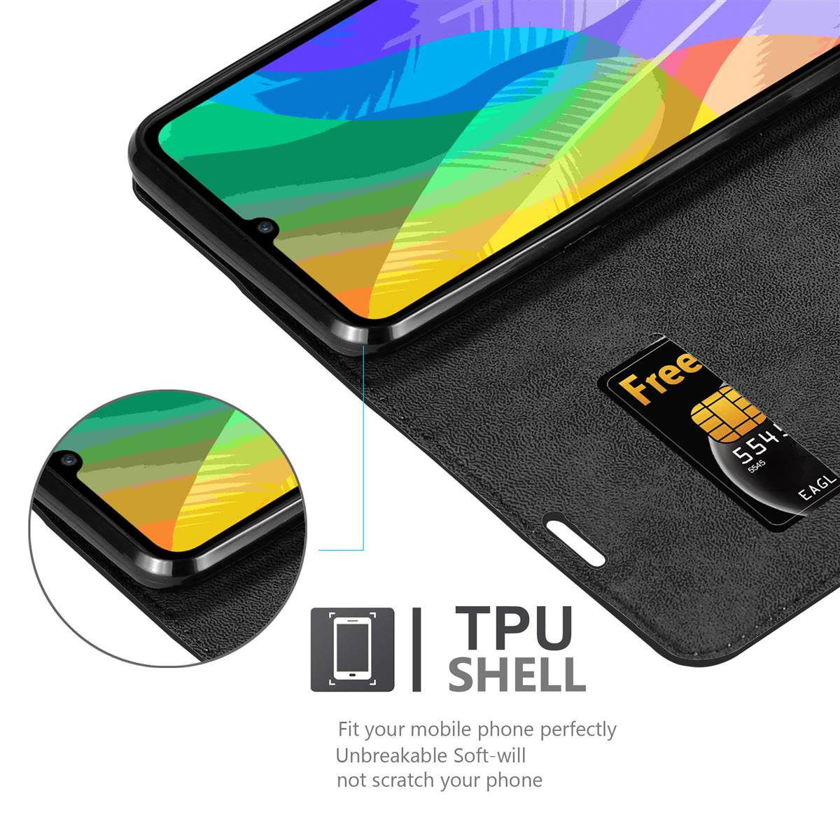 Telefon in schwarzer Hülle mit kostenlosem SIM-Kartenetikett und TPU-Schalenbeschreibung.