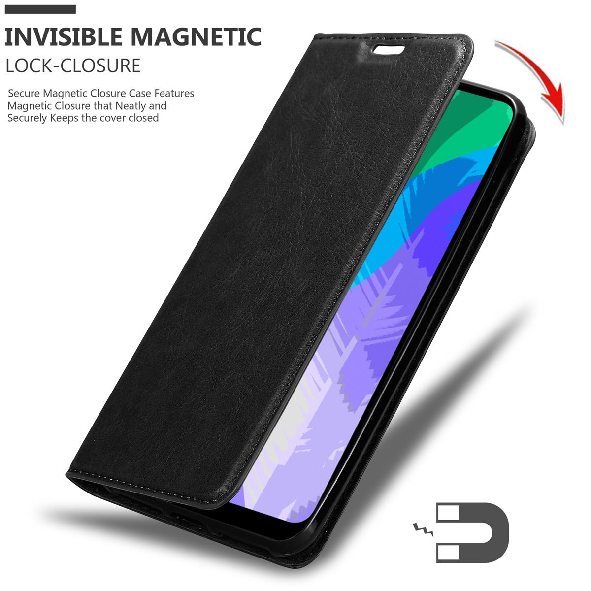 Schwarze Leder-Handyhülle offen, Telefon sichtbar. Text: Unsichtbarer Magnetverschluss.