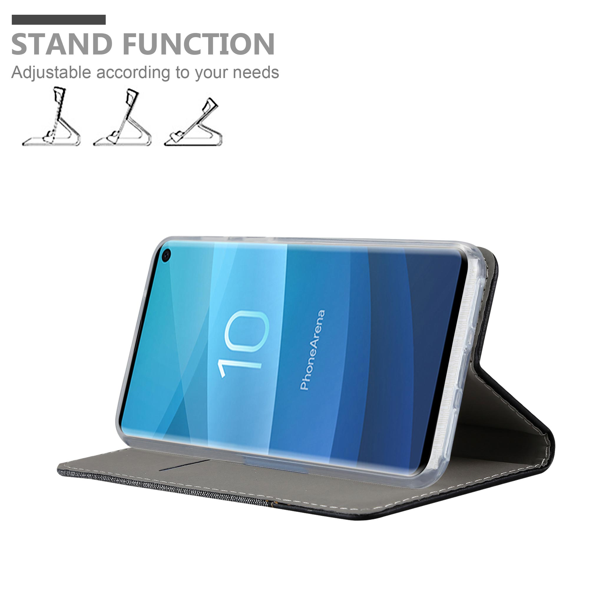 Geöffnete Handyhülle mit Telefon. Text: Standfunktion. Das Telefon ist aufgestellt, Bildschirm sichtbar.