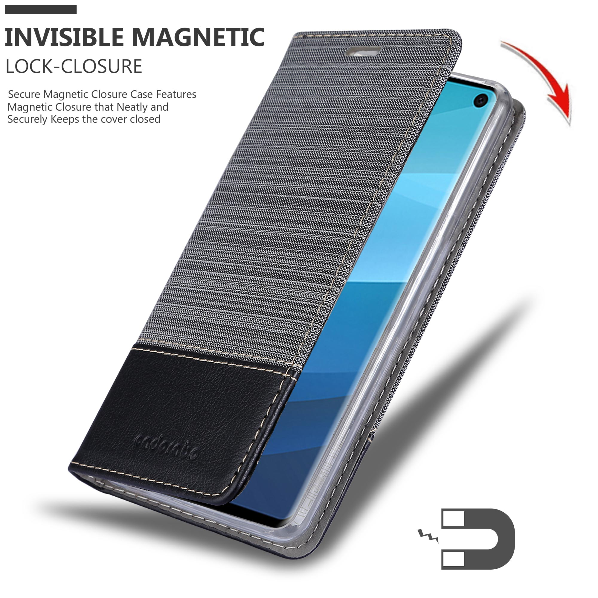 Handyhülle mit Stoff und schwarzem Leder. Ein Smartphone ist drin. Die Hülle ist offen. Magnetverschluss.