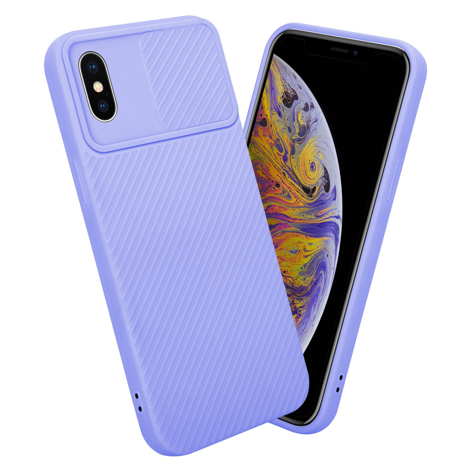 Eine lila Handyhülle mit Kameraabdeckung, neben einem Telefon mit buntem, abstraktem Bildschirm.