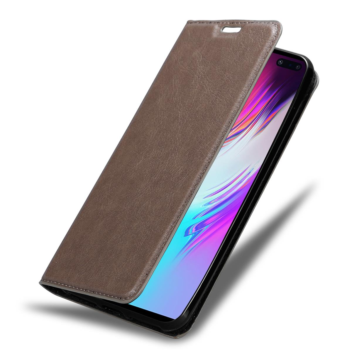 Braune Handyhülle mit Smartphone. Die Hülle ist geöffnet.