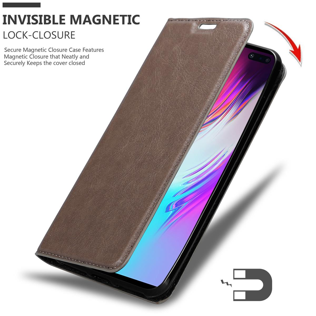 Braune Handyhülle geöffnet, ein Telefon enthüllt. Unsichtbarer Magnetverschluss wird genannt.