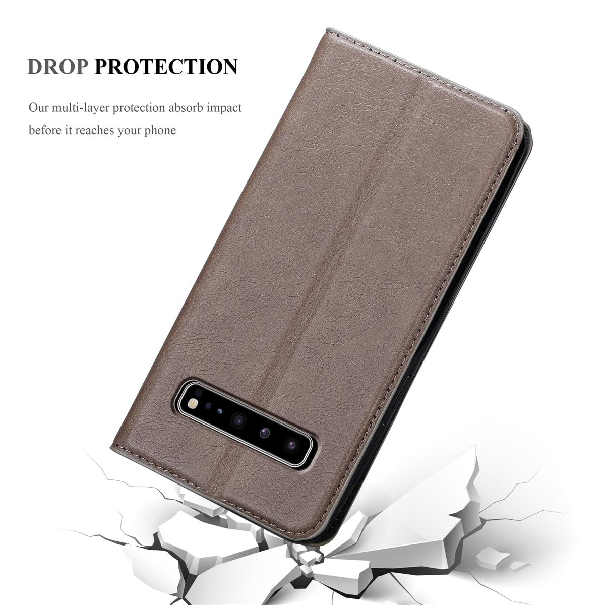 Eine braune Handyhülle, die das Telefon zeigt. Auf der Hülle steht 'Drop Protection'.