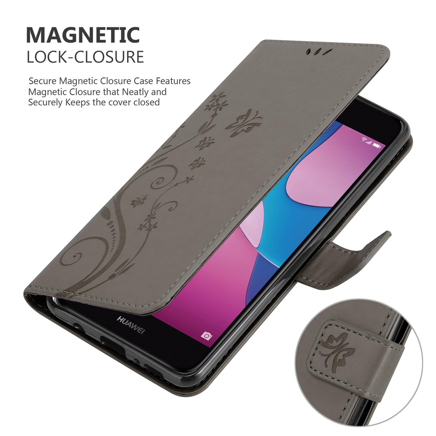 Eine graue Handyhülle mit floralem Design. Die Hülle ist offen und zeigt ein Telefon.
