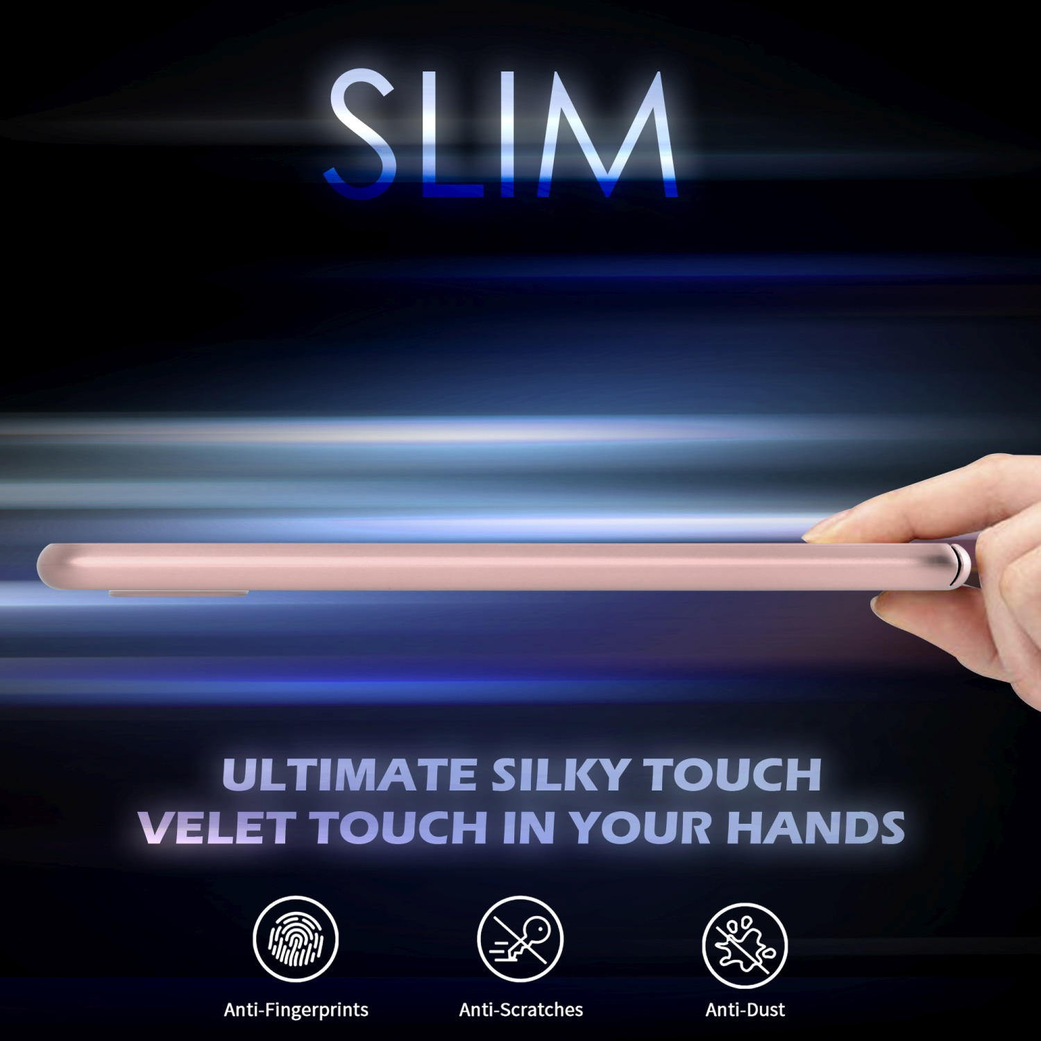 Rosa Handyhülle, von Hand gehalten, mit Text: SLIM, Ultimate Silky Touch und Funktionssymbolen.