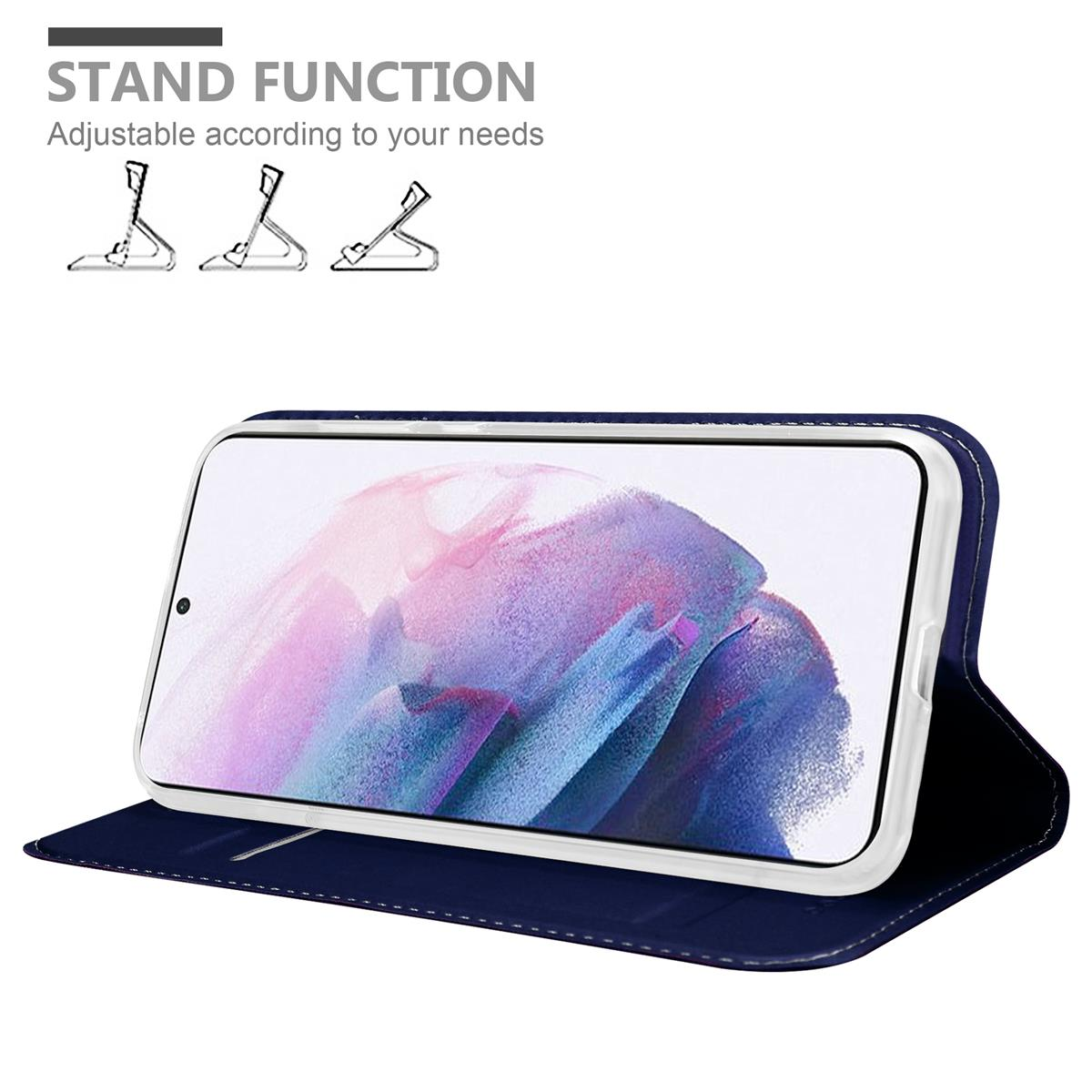Blaues Telefoncase mit Telefon, Standfunktion. Text weist auf die Standfunktion hin.