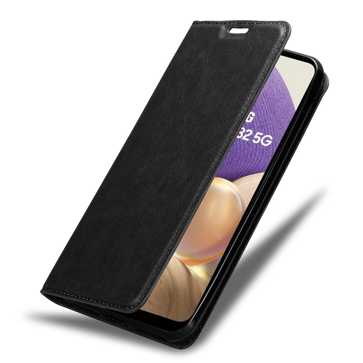 Eine schwarze Handyhülle, teilweise geöffnet. Das Telefon hat ein lila-weißes Design.