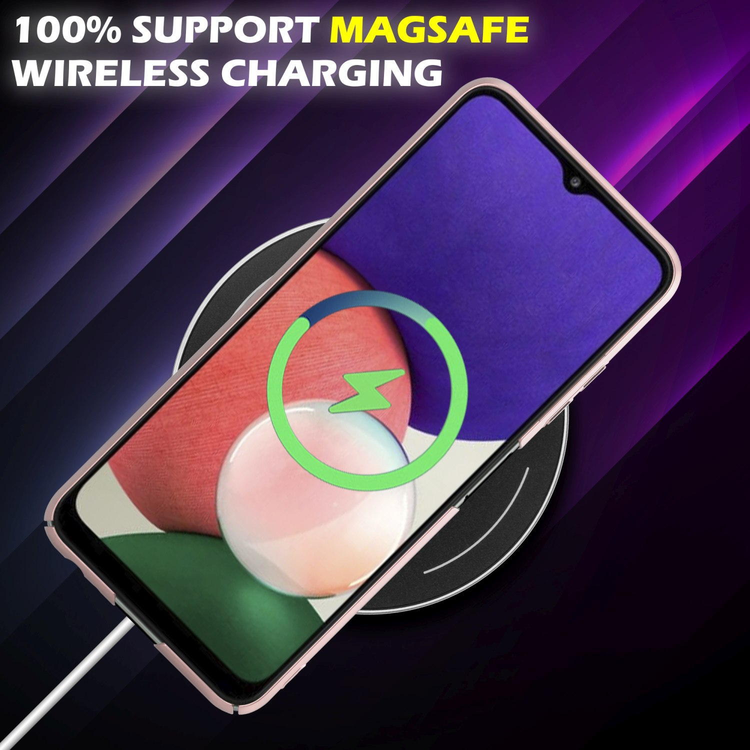 Ein Telefon auf einem kabellosen Ladegerät. Das Telefon hat eine rosa Hülle und lädt.