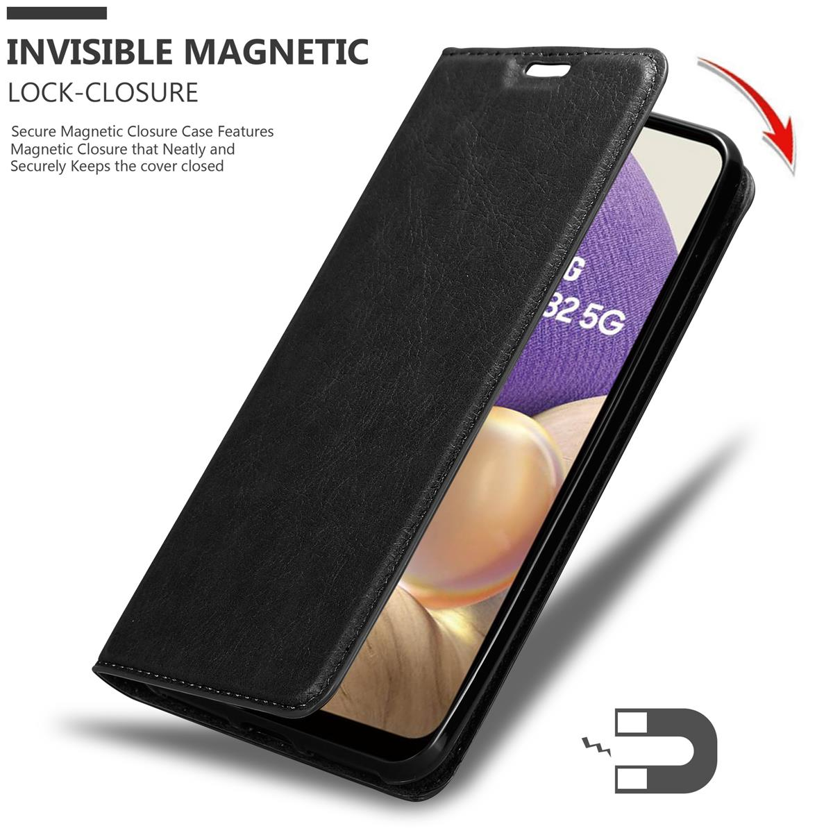 Schwarze Handyhülle, geöffnet, zeigt ein Telefon. Text: Unsichtbarer Magnetverschluss. Ein Magnetsymbol wird angezeigt.