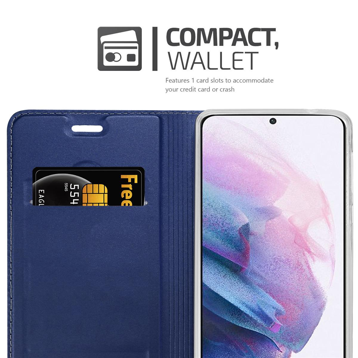 Blaue Handyhülle mit Kartenfach, zeigt ein Handy und eine Kreditkarte.