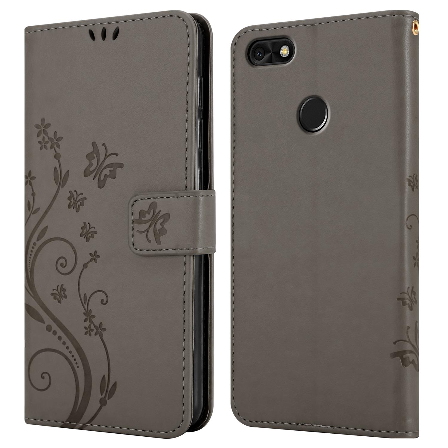 Graue Handyhülle mit Blumen- und Schmetterlingsdesign. Mit Magnetverschluss.