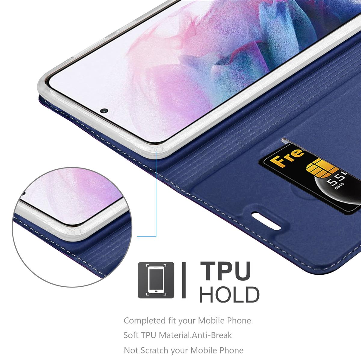 Blaue Handyhülle mit Telefon, SIM-Karte sichtbar. Text: TPU HOLD.