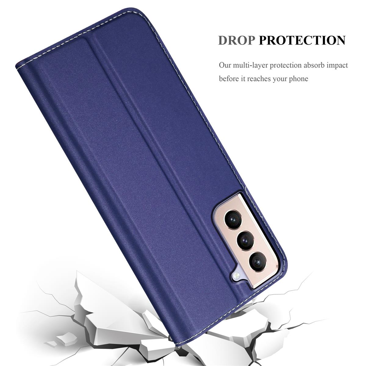 Blaue Handyhülle mit Telefon und zerbrochener Oberfläche darunter.