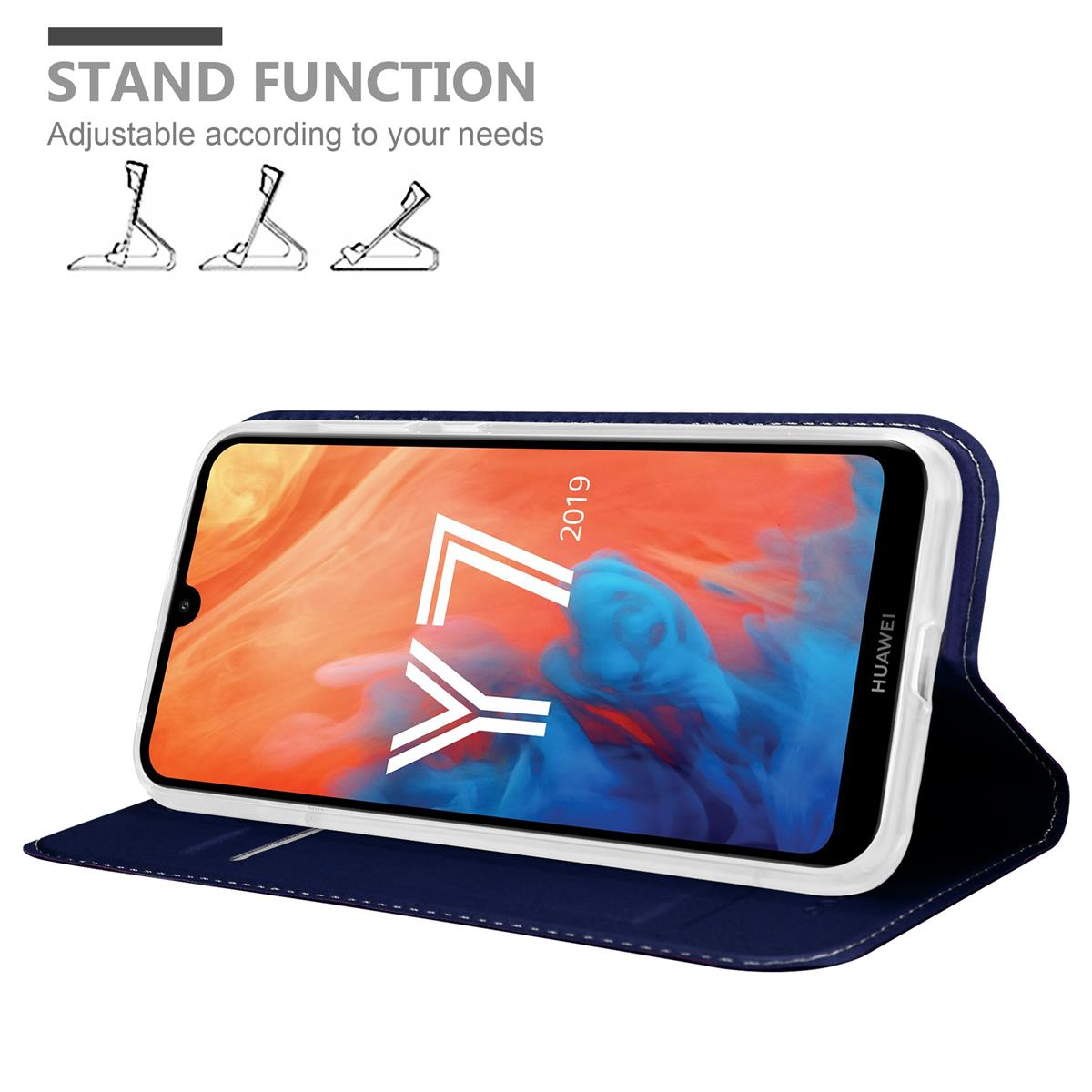 Custodia blu con telefono dentro, telefono angolato. Funzione stand.