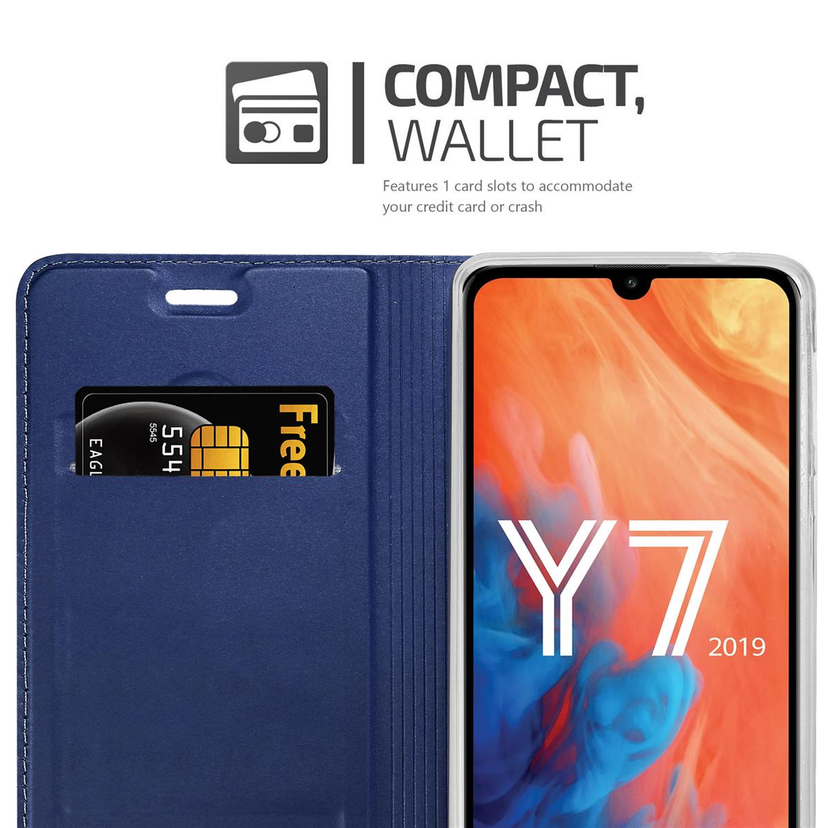 Una custodia blu navy con fessura per carte, che tiene una carta con nome e numeri.