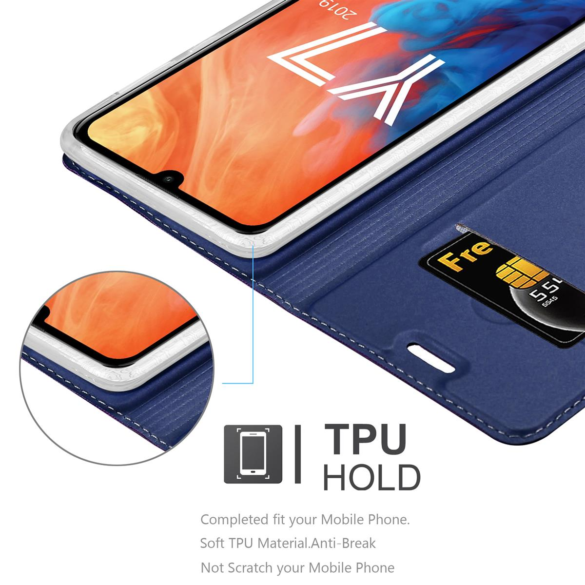 Custodia blu con telefono. SIM visibile. Testo: TPU HOLD.