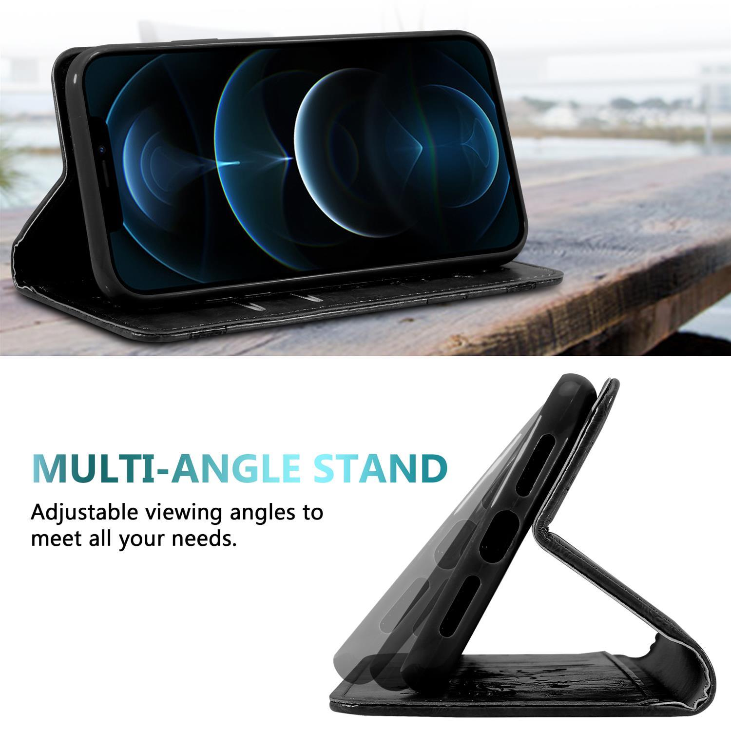 Telefono nero in custodia con supporto, con opzioni multi-angolo. Testo: 'Multi-Angle Stand'.