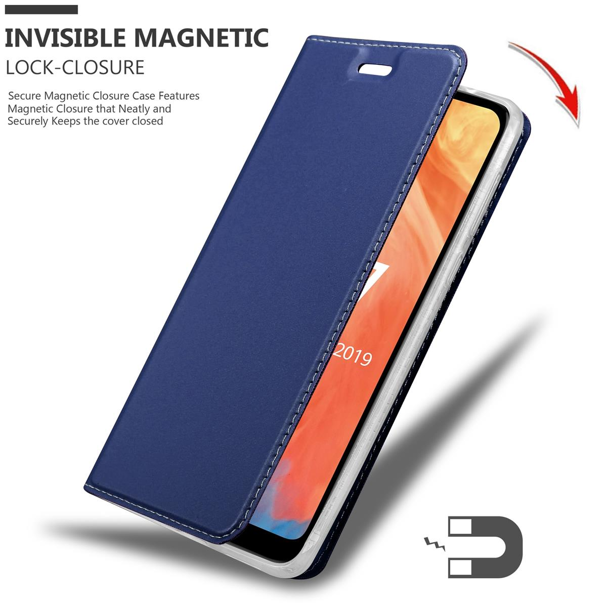 Custodia per telefono blu con chiusura magnetica. Testo: 'CHIUSURA MAGNETICA INVISIBILE'.
