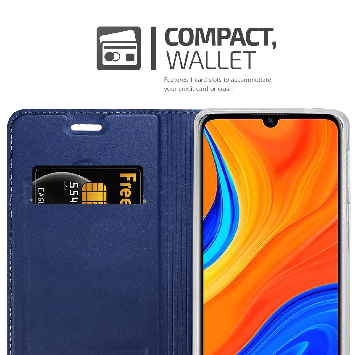 Blaue Handyhülle mit Kartenfach, Kreditkarte und einem Telefon mit orange-gelbem Bildschirm.