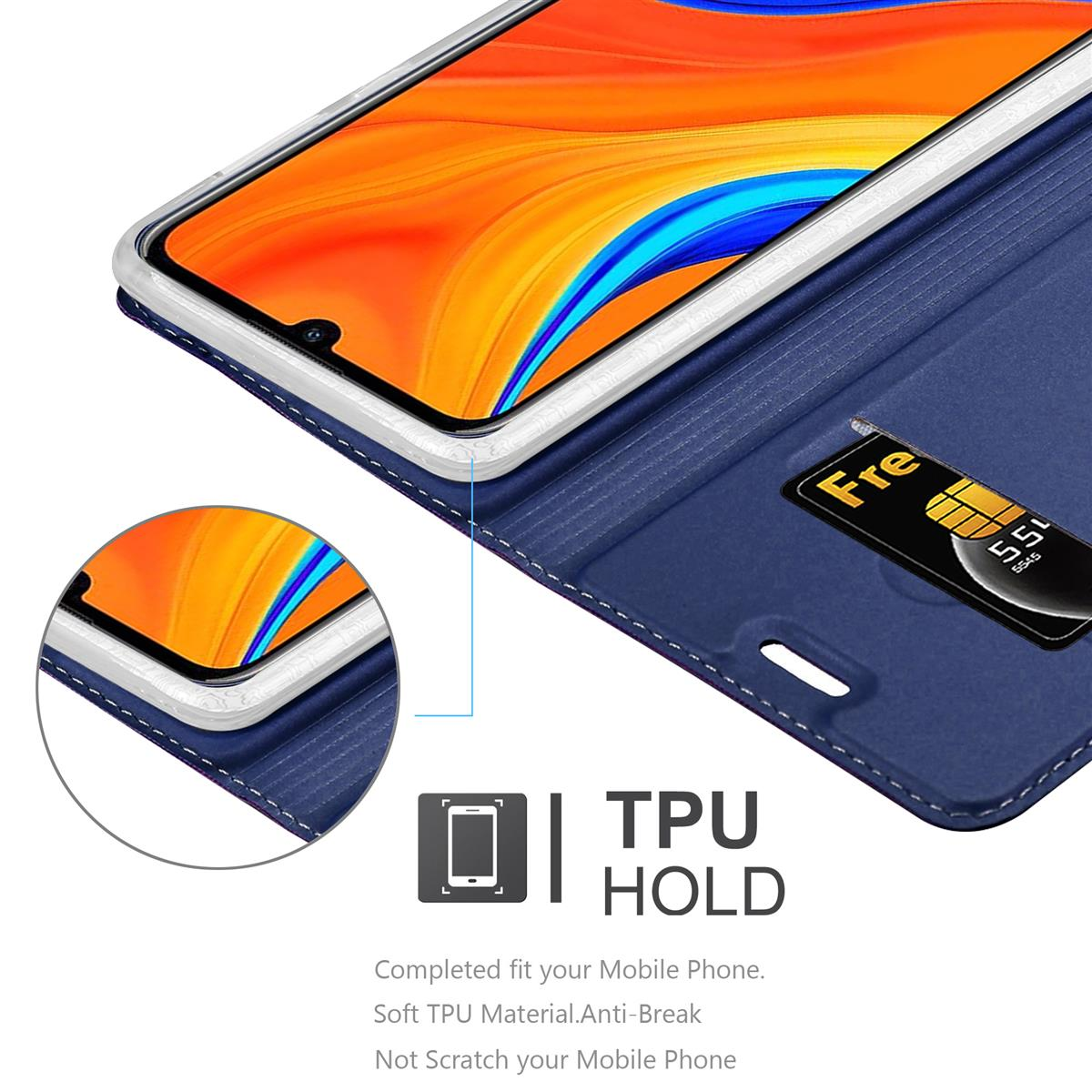 Blaue Handyhülle mit Telefonbild, Kreditkarte, Text 'TPU HOLD' und 'Soft TPU Material'.