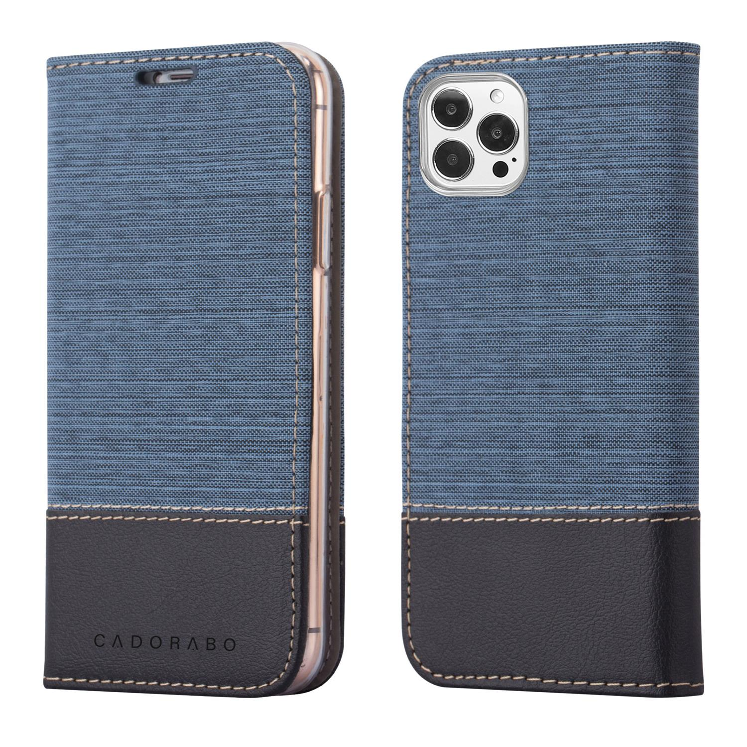 Blau-schwarze Handyhülle mit blau strukturierter Vorderseite und schwarzem, lederähnlichem Boden.
