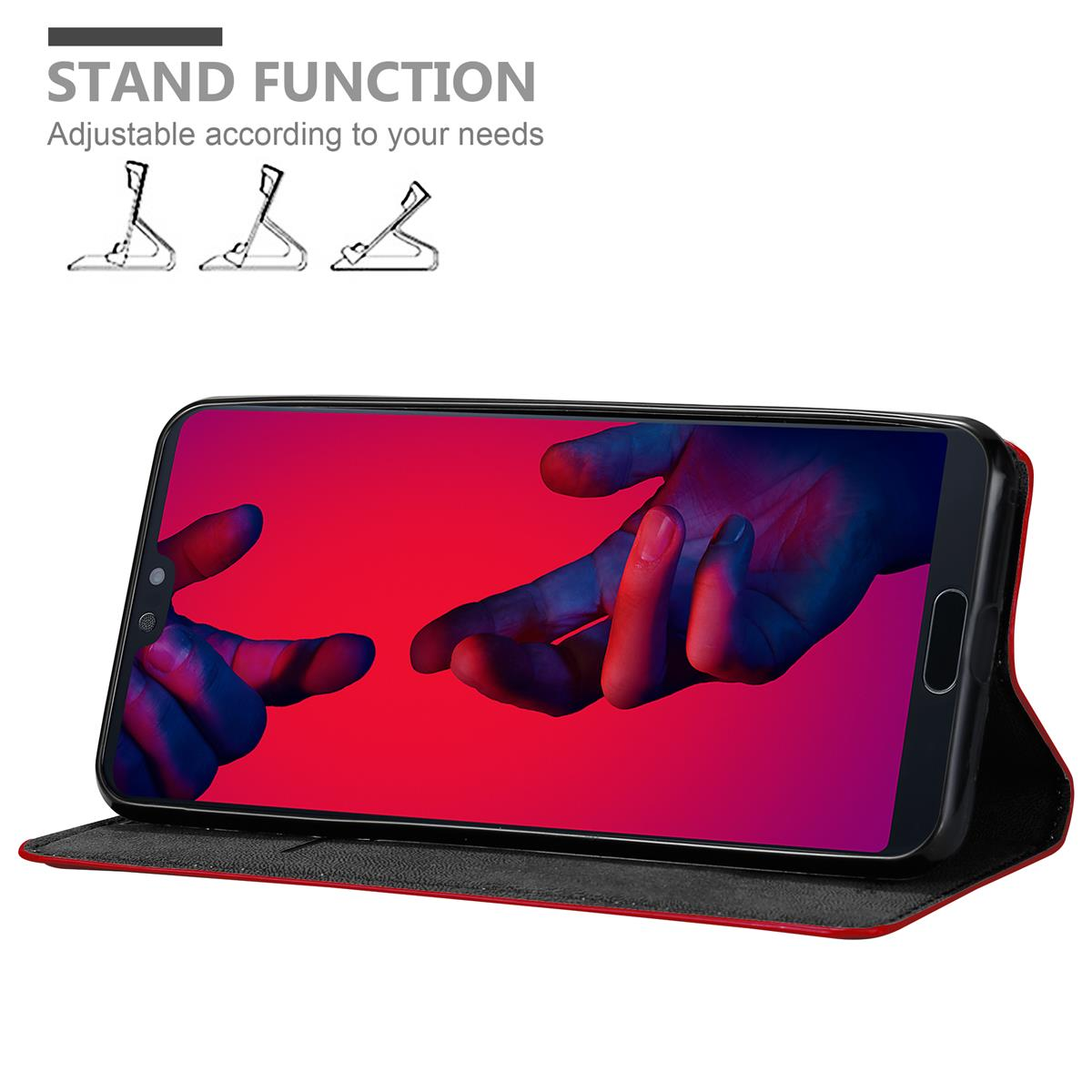 Rote Handyhülle, offen, mit Handbild auf dem Telefonbildschirm, und Standfunktion sichtbar.