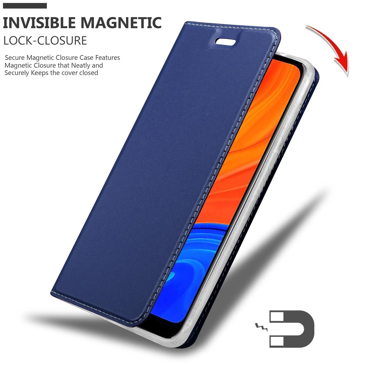Blaue Handyhülle mit Magnetverschluss. Ein Telefon ist innen. Die Hülle ist offen mit einem roten Pfeil.