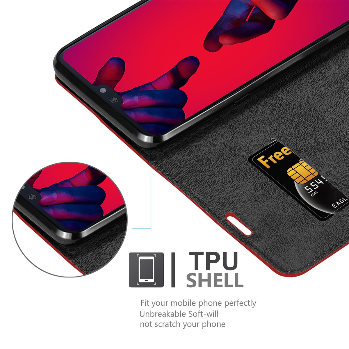 Eine Handyhülle mit einem Telefon darin. Die Hülle ist rot und hat einen Kartensteckplatz mit einer Kreditkarte.
