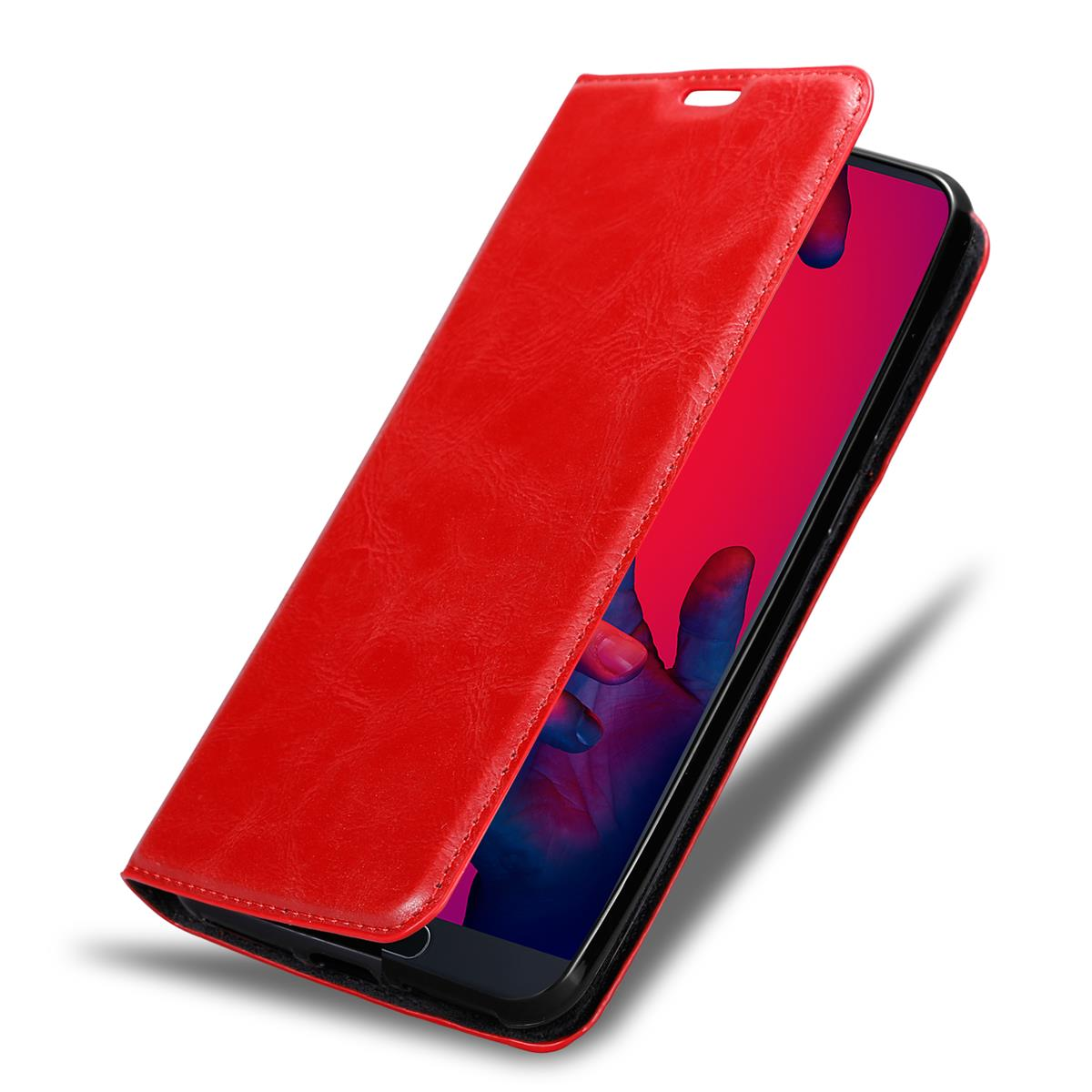 Eine rote Handyhülle, geöffnet, um das Telefon im Inneren freizugeben. Das Telefon ist schwarz.