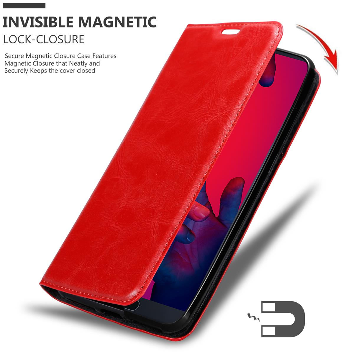 Rote Leder-Handyhülle mit sichtbarem Telefonbildschirm, Magnetverschluss und Magnet.