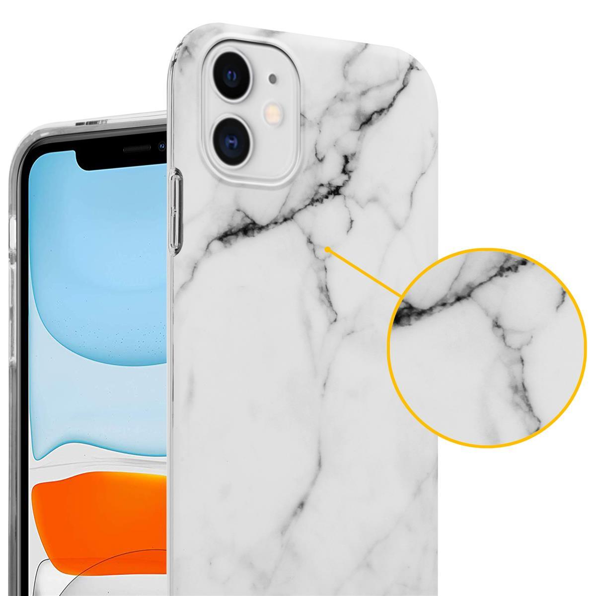 Custodia per telefono in marmo bianco su un telefono. Un primo piano evidenzia il motivo.