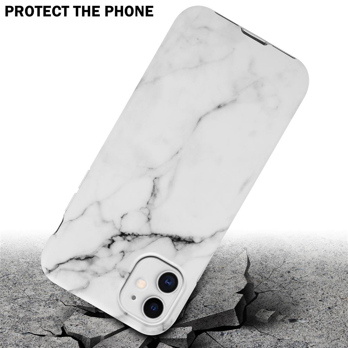 Custodia bianca per telefono, con texture marmorea, che cade e incrina il terreno.