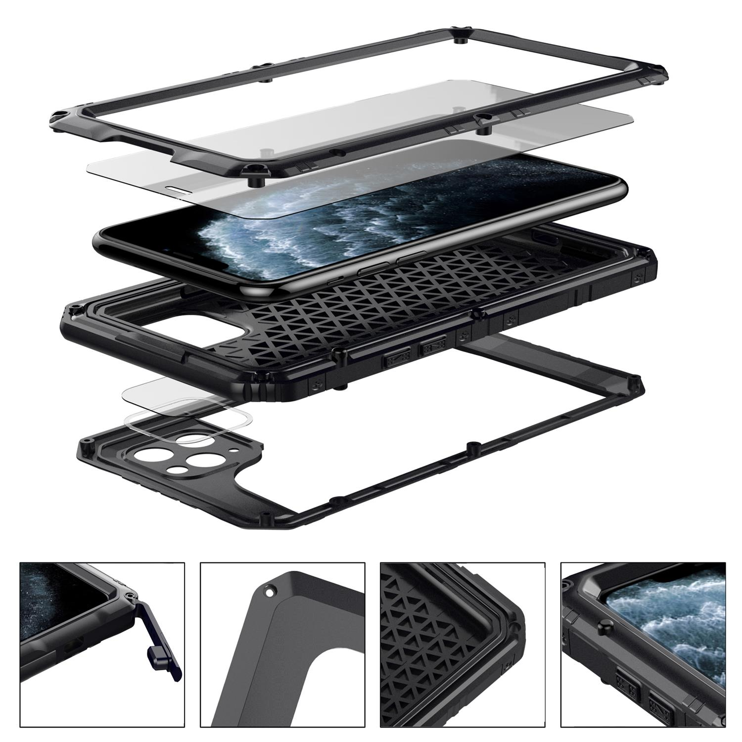 Explodierte Ansicht einer schwarzen Handyhülle mit Schichten. Enthält ein Telefon, eine klare Displayschutzfolie und einen Rahmen.