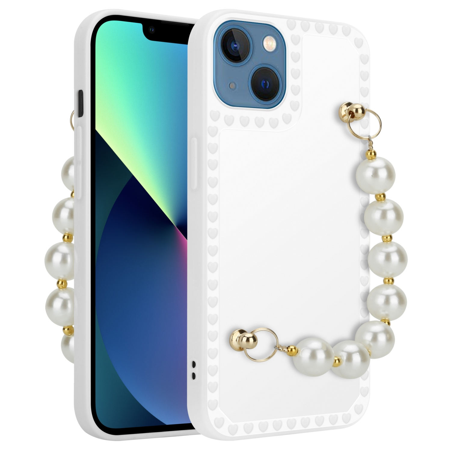 Weißes Handycase mit weißem Telefon. Perlenkette zum Tragen angebracht.